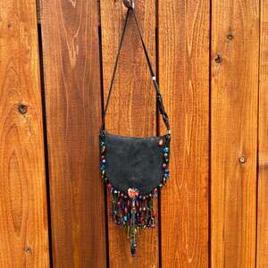 Vintage Suede Leather Beaded Fringe Bag